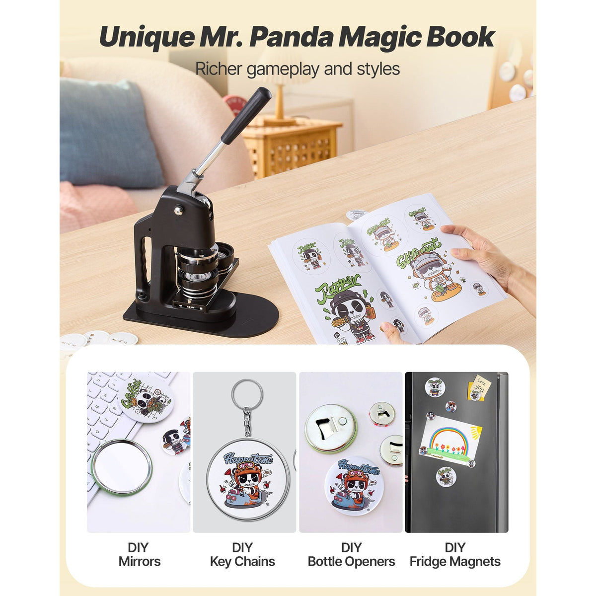 Button Maker Machine, 1.26/2.28/2.95 inch 3-in-1, Plastic Pin Maker with 300pcs Button Parts, Circle Cutter and Magic Book, Reinforced Ergonomic Handle, for DIY Badges, Personalized Pins, Black