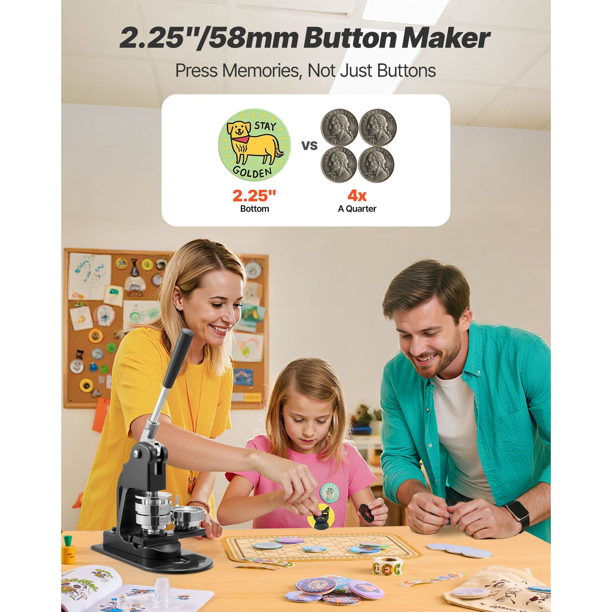 Button Maker Machine, 2.25 in, Pin Maker Machine with 500pcs Button Parts, Circle Cutter, Hex Wrenches and Magic Book, Ergonomic Handle, for DIY Badges, Personalized Pins and Key Chains, Black