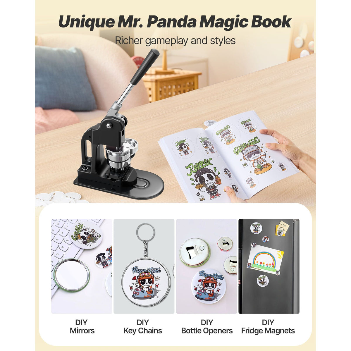 Button Maker Machine, 2.25 in, Pin Maker Machine with 500pcs Button Parts, Circle Cutter, Hex Wrenches and Magic Book, Ergonomic Handle, for DIY Badges, Personalized Pins and Key Chains, Black