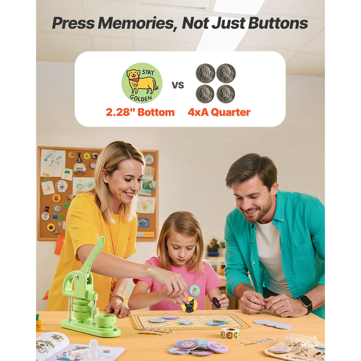 Button Maker Machine, 2.28 in, Plastic Pin Maker with 100pcs Button Parts, Circle Cutter and Hex Wrenches, Reinforced Ergonomic Handle, for DIY Badges, Personalized Pins and Key Chains, Green