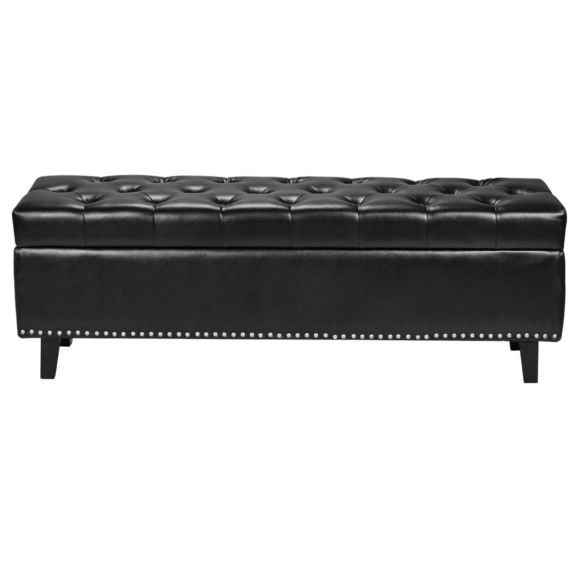 Button-Tufted Storage Ottoman Bench, PU Leather Bench with Storage and Solid Wood Legs, Modern Shoe Benches Seat for Entryway, Upholstered End of Bed Benches for Living Room, Dining Room, Black