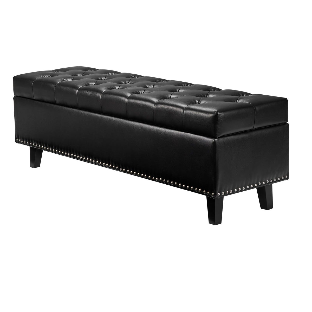 Button-Tufted Storage Ottoman Bench, PU Leather Bench with Storage and Solid Wood Legs, Modern Shoe Benches Seat for Entryway, Upholstered End of Bed Benches for Living Room, Dining Room, Black