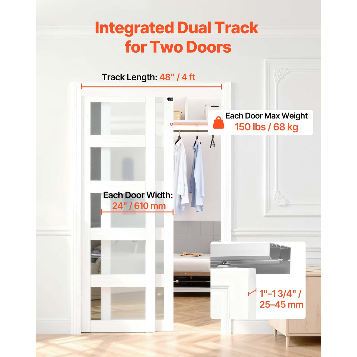 Bypass Sliding Door Hardware Kit, 4 ft Aluminum Alloy Dual-Track Bypass Door Hardware, Smooth and Quiet Sliding, Easy to Install, for 1" to 1 3/4" Thickness 24" Width 2 Door System, for Closet
