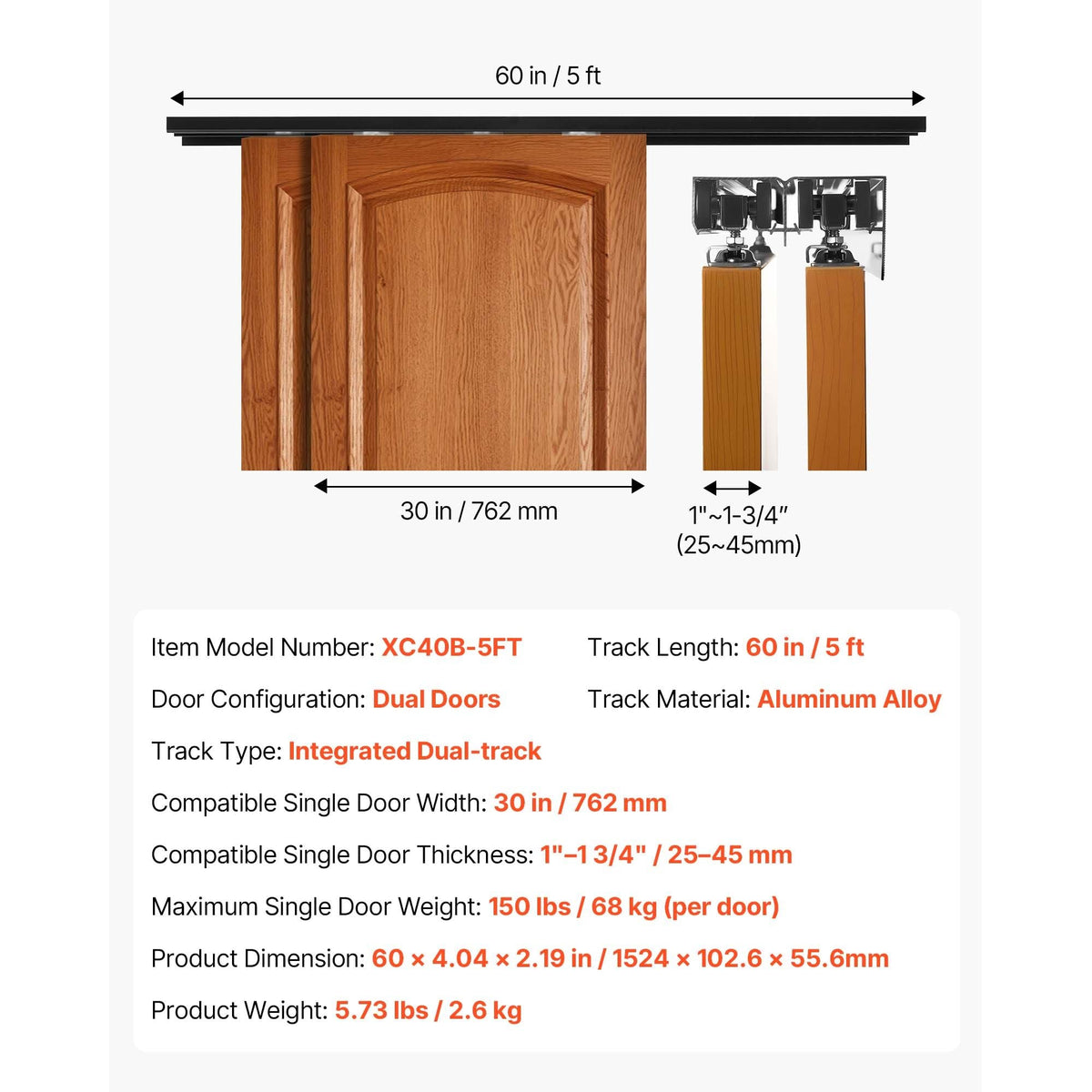 Bypass Sliding Door Hardware Kit, 5 ft Aluminum Alloy Dual-Track Bypass Door Hardware, Smooth and Quiet Sliding, Easy to Install, for 1" to 1 3/4" Thickness 30" Width 2 Door System, for Closet