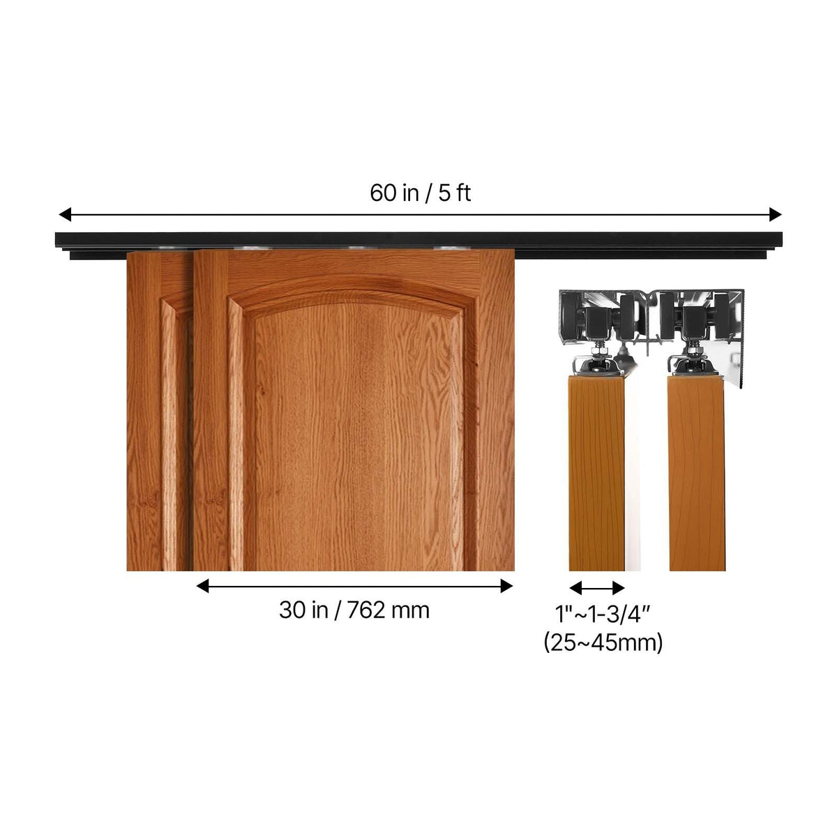 Bypass Sliding Door Hardware Kit, 5 ft Aluminum Alloy Dual-Track Bypass Door Hardware, Smooth and Quiet Sliding, Easy to Install, for 1" to 1 3/4" Thickness 30" Width 2 Door System, for Closet