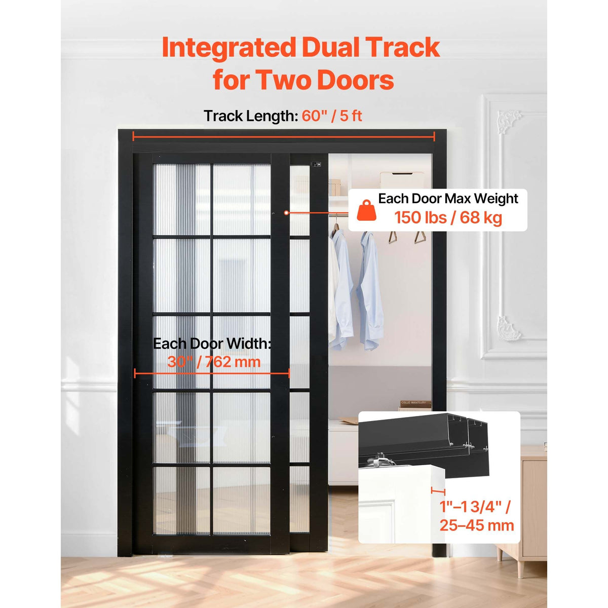 Bypass Sliding Door Hardware Kit, 5 ft Aluminum Alloy Dual-Track Bypass Door Hardware, Smooth and Quiet Sliding, Easy to Install, for 1" to 1 3/4" Thickness 30" Width 2 Door System, for Closet