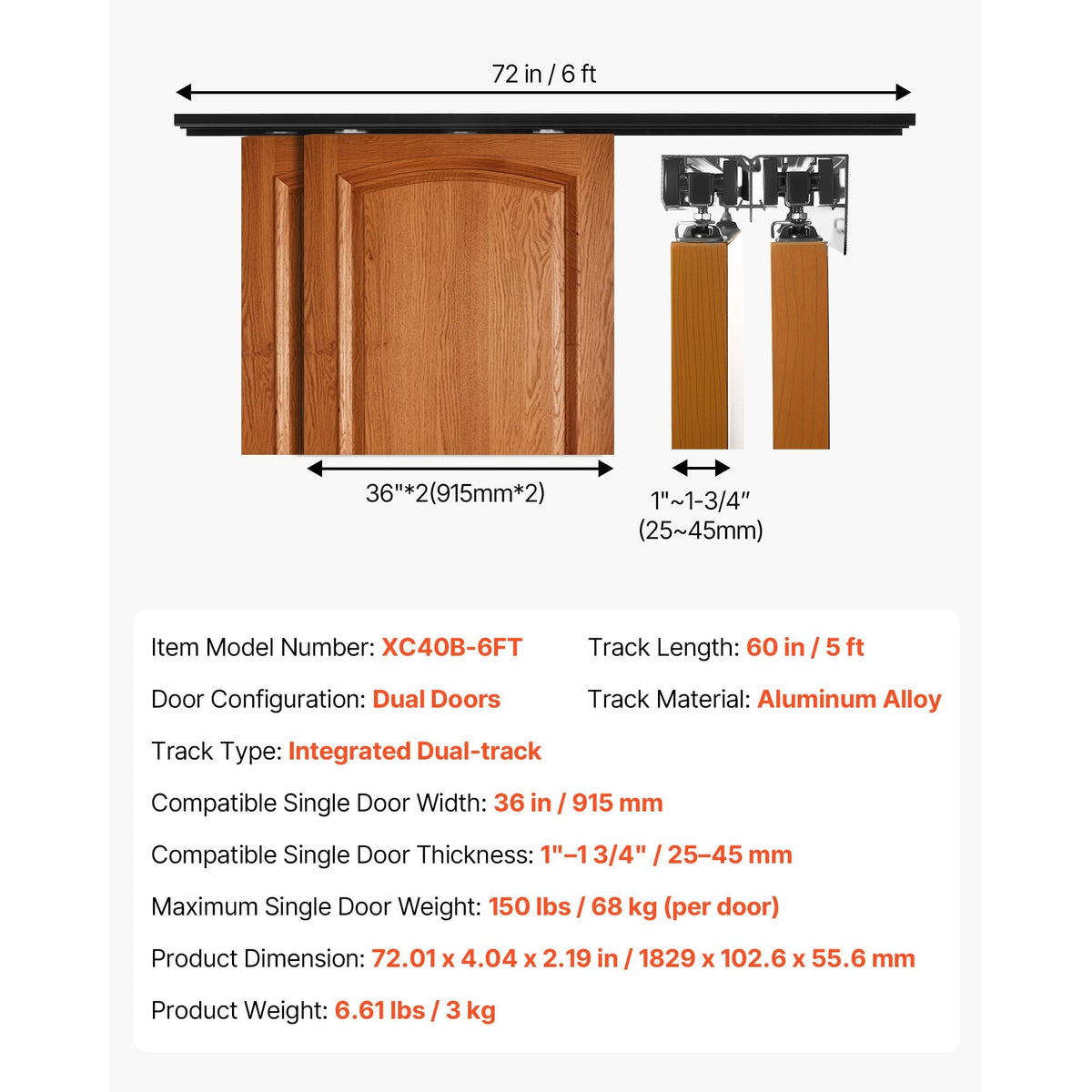 Bypass Sliding Door Hardware Kit, 6 ft Aluminum Alloy Dual-Track Bypass Door Hardware, Smooth and Quiet Sliding, Easy to Install, for 1" to 1 3/4" Thickness 36" Width 2 Door System, for Closet