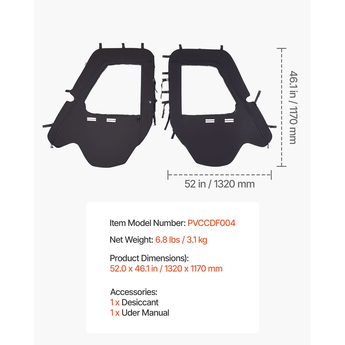 Cab Enclosure Upper Doors, Compatible with Hisun 500 700/Axis 500 700, Soft Upper Doors, Windproof & Waterproof Upgraded Zipper UTV Soft Side Window Kit, Work with Side Mirrors and Windshields