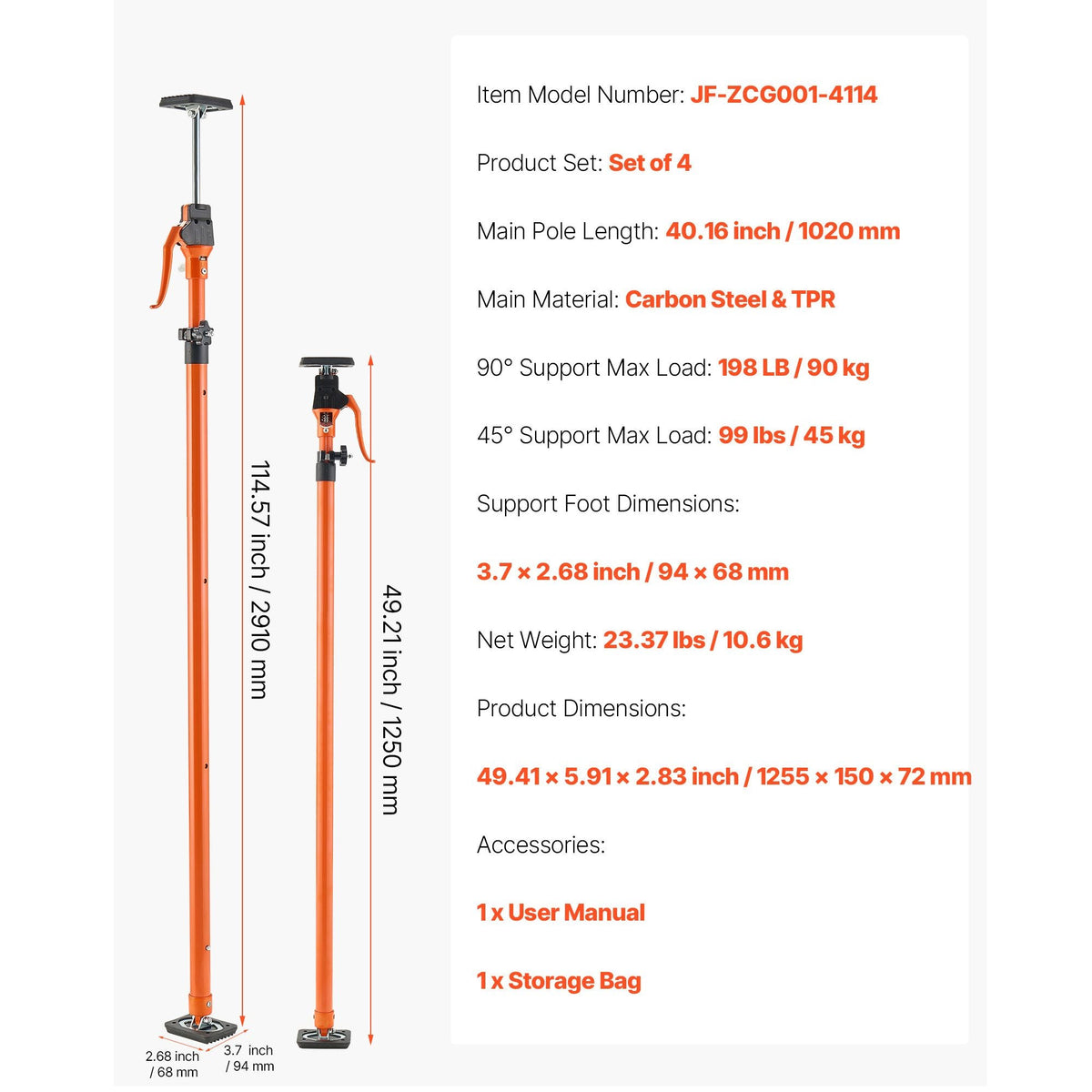 Cabinet Jack Support Pole, 4-Pack, 49.2-114.6 Inch Steel Telescopic Quick Support Rod, Adjustable 3rd Hand System up to 198 lbs Capacity for Installing Cabinets, Lifting Drywall, Cargo Bars