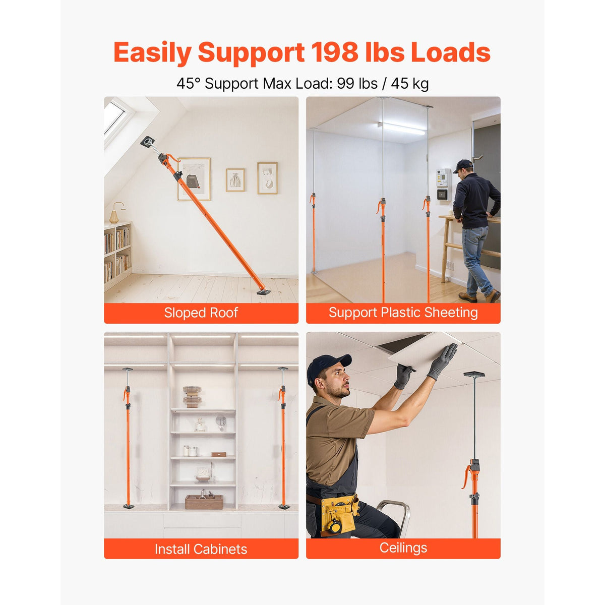 Cabinet Jack Support Pole, 4-Pack, 49.2-114.6 Inch Steel Telescopic Quick Support Rod, Adjustable 3rd Hand System up to 198 lbs Capacity for Installing Cabinets, Lifting Drywall, Cargo Bars