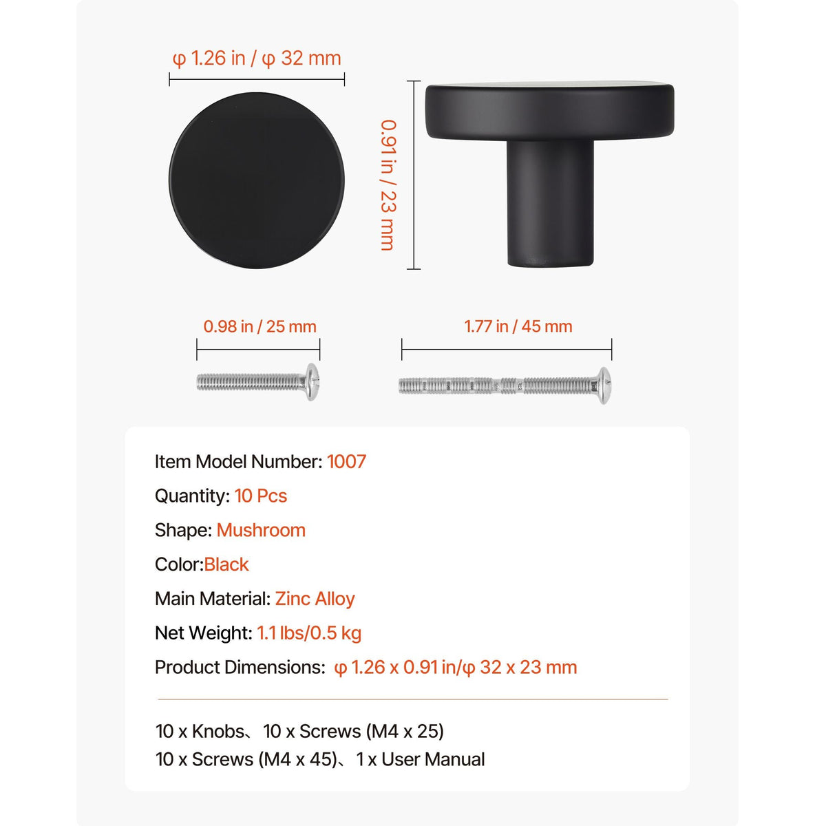 Cabinet Knobs, 10 Pack, 1.26 Inch Black Zinc Alloy Drawer Pulls & Door Handles, Mushroom Kitchen Solid Knobs Dresser Handles, Cupboard Hardware with Screws for Bathroom Closet Cabinets Drawers