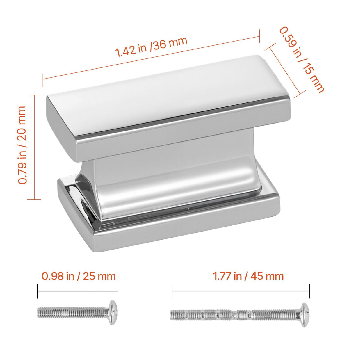 Cabinet Knobs, 10 Pack, 1.42 Inch Zinc Alloy Drawer Pulls Door Handles, Rectangular Kitchen Dresser Solid Knobs, Cupboard Hardware with Screws for Bathroom Closet Cabinets Drawers, Chrome Color