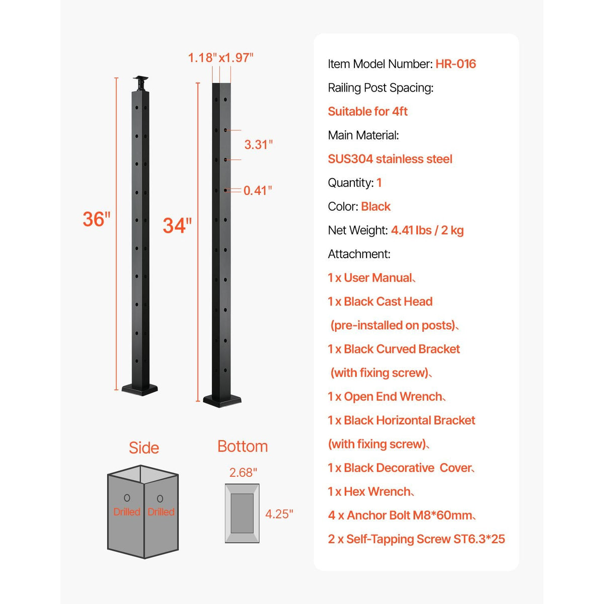 Cable Railing Post, 36x1x2 Inch Corner Railing Post, with L-Shaped Pre-Drilled Holes, Stainless Steel Cable Rail Post with Horizontal and Curved Bracket, 1-Pack, Black, 1JZLGZXHS914IVCFL001V0