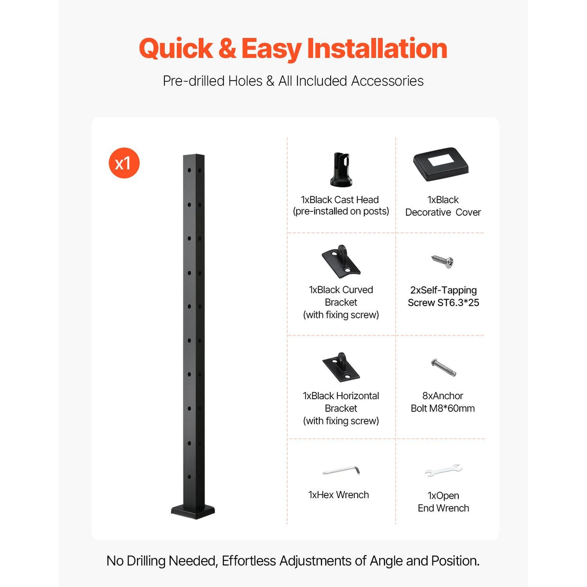 Cable Railing Post, 36x1x2 Inch Corner Railing Post, with L-Shaped Pre-Drilled Holes, Stainless Steel Cable Rail Post with Horizontal and Curved Bracket, 1-Pack, Black, 1JZLGZXHS914IVCFL001V0