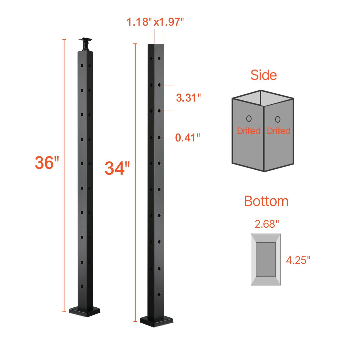 Cable Railing Post, 36x1x2 Inch Corner Railing Post, with L-Shaped Pre-Drilled Holes, Stainless Steel Cable Rail Post with Horizontal and Curved Bracket, 1-Pack, Black, 1JZLGZXHS914IVCFL001V0
