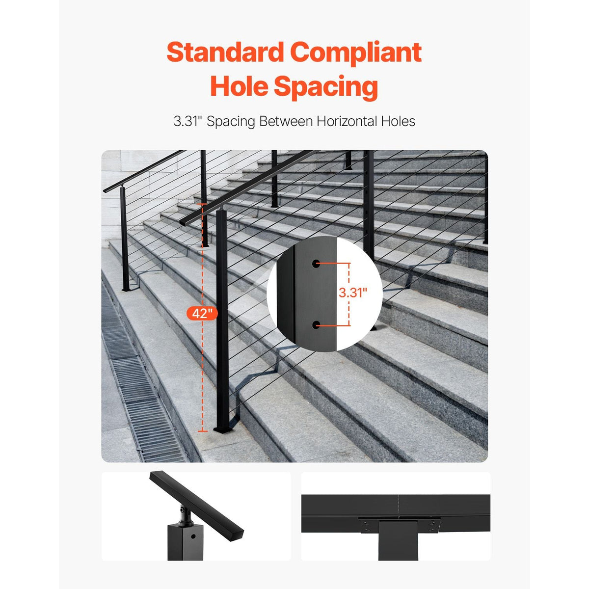 Cable Railing Post, 42x1x2 Inch Stair Railing Post, with Pre-Drilled 30° Angled Holes, Stainless Steel Cable Rail Post with Horizontal and Curved Bracket, 1-Pack, Black, 1JZLGZXHS106VRA3X001V0
