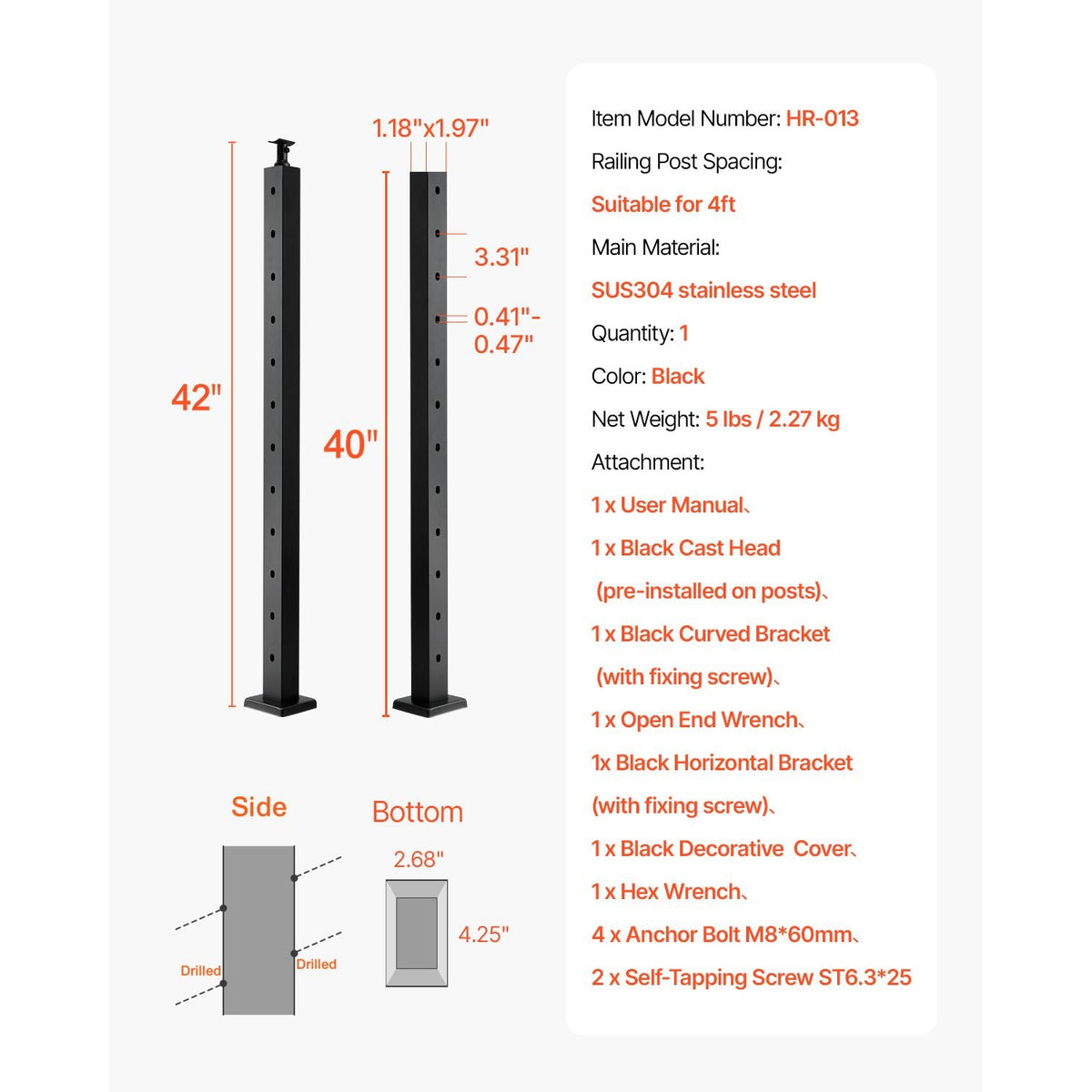 Cable Railing Post, 42x1x2 Inch Stair Railing Post, with Pre-Drilled 30° Angled Holes, Stainless Steel Cable Rail Post with Horizontal and Curved Bracket, 1-Pack, Black, 1JZLGZXHS106VRA3X001V0