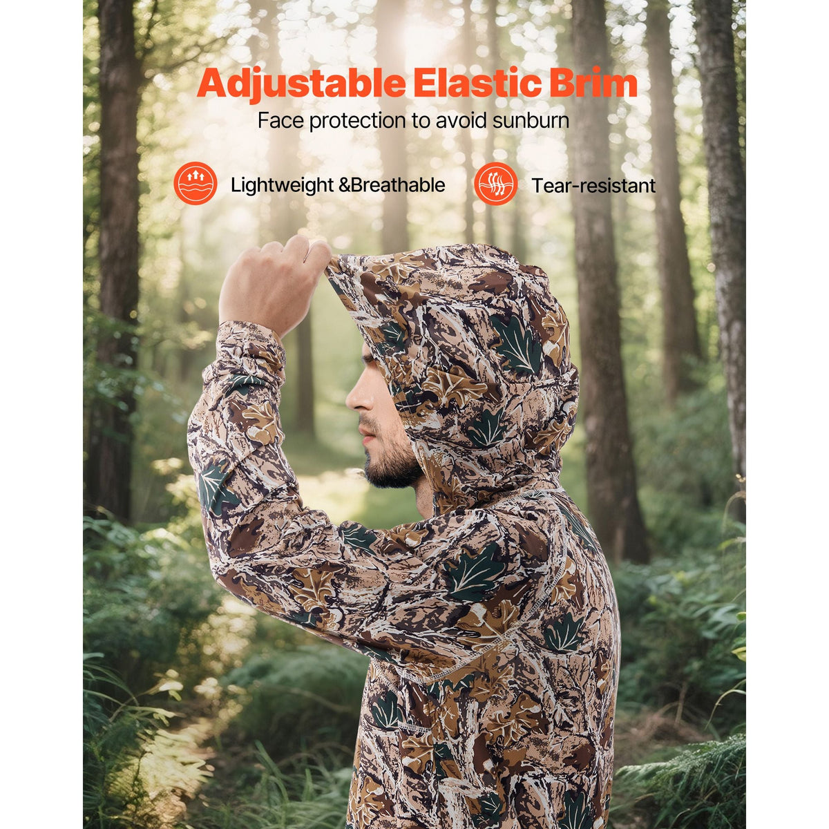 Camo Hoodie, Large Size, Men Pullover Hooded Sweatshirt, Moisture Wicking & Breathable, Quick-dry, Hiking Fishing Shirt with Hood, Long Sleeves Hunting Shirts for Spring & Summer Outdoor Work