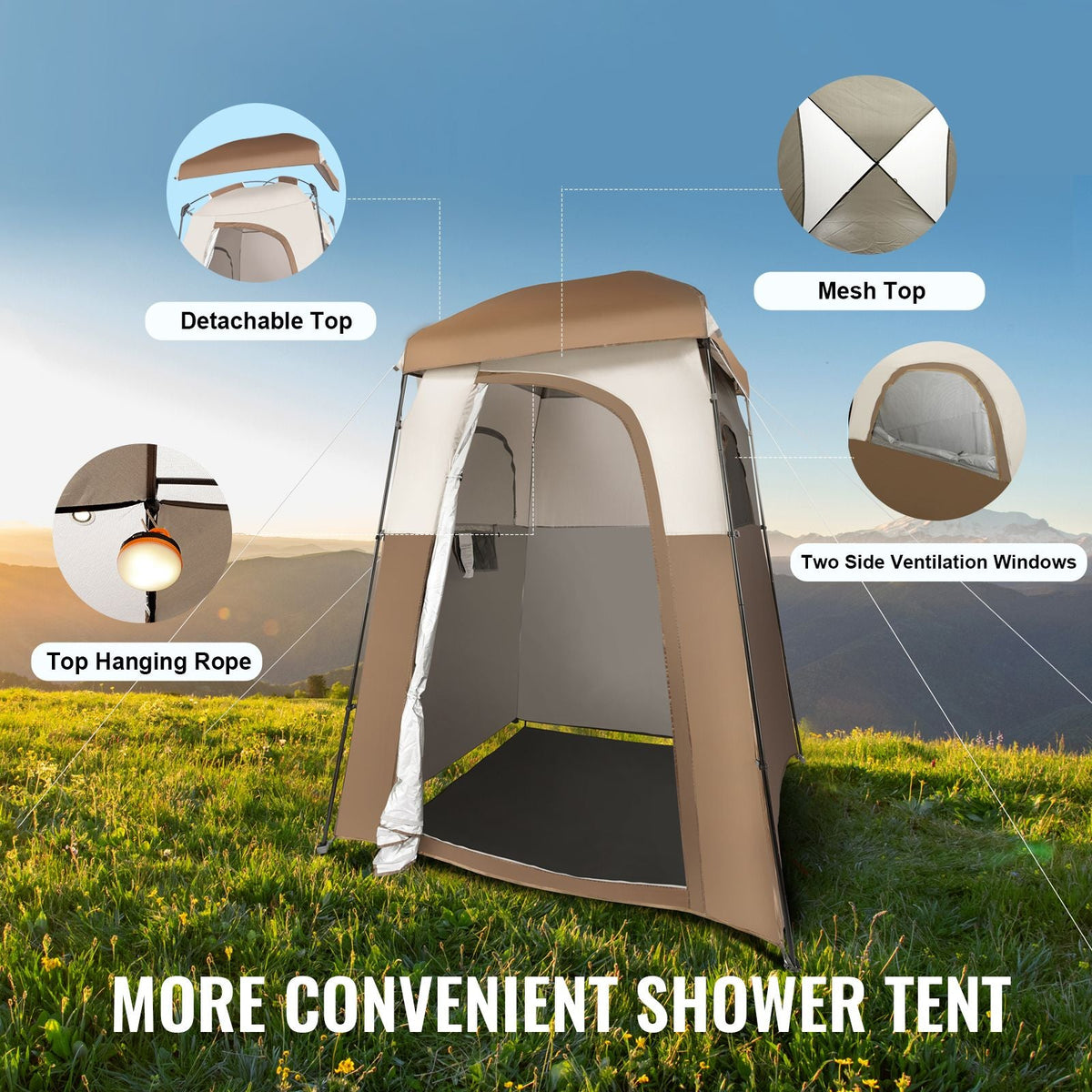 Camping Shower Tent, 66" x 66" x 87" 1 Room Oversize Outdoor Portable Shelter, Privacy Tent with Detachable Top, Pockets, Hanging Rope and Clothesline, for Dressing, Changing, Toilet, Bathroom