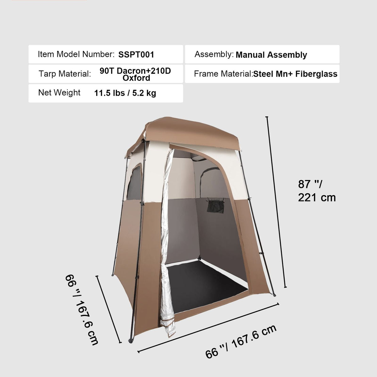 Camping Shower Tent, 66" x 66" x 87" 1 Room Oversize Outdoor Portable Shelter, Privacy Tent with Detachable Top, Pockets, Hanging Rope and Clothesline, for Dressing, Changing, Toilet, Bathroom