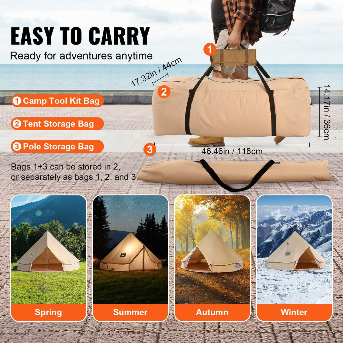 Canvas Bell Tent, 4 Seasons 7 m/22.97 ft Yurt Tent, Canvas Tent for Camping with Stove Jack, Breathable Tent Holds up to 12 People, Family Camping Outdoor Hunting Party