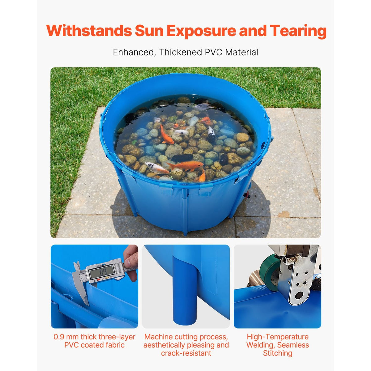 Canvas Fish Pond, 448.8 Gal Capacity Above Ground Fish Pond, Foldable PVC Koi Tank, Round Goldfish Tank with Stable Frame and Drain Valve, for Aquaculture, Koi Breeding, and Irrigation (Blue)