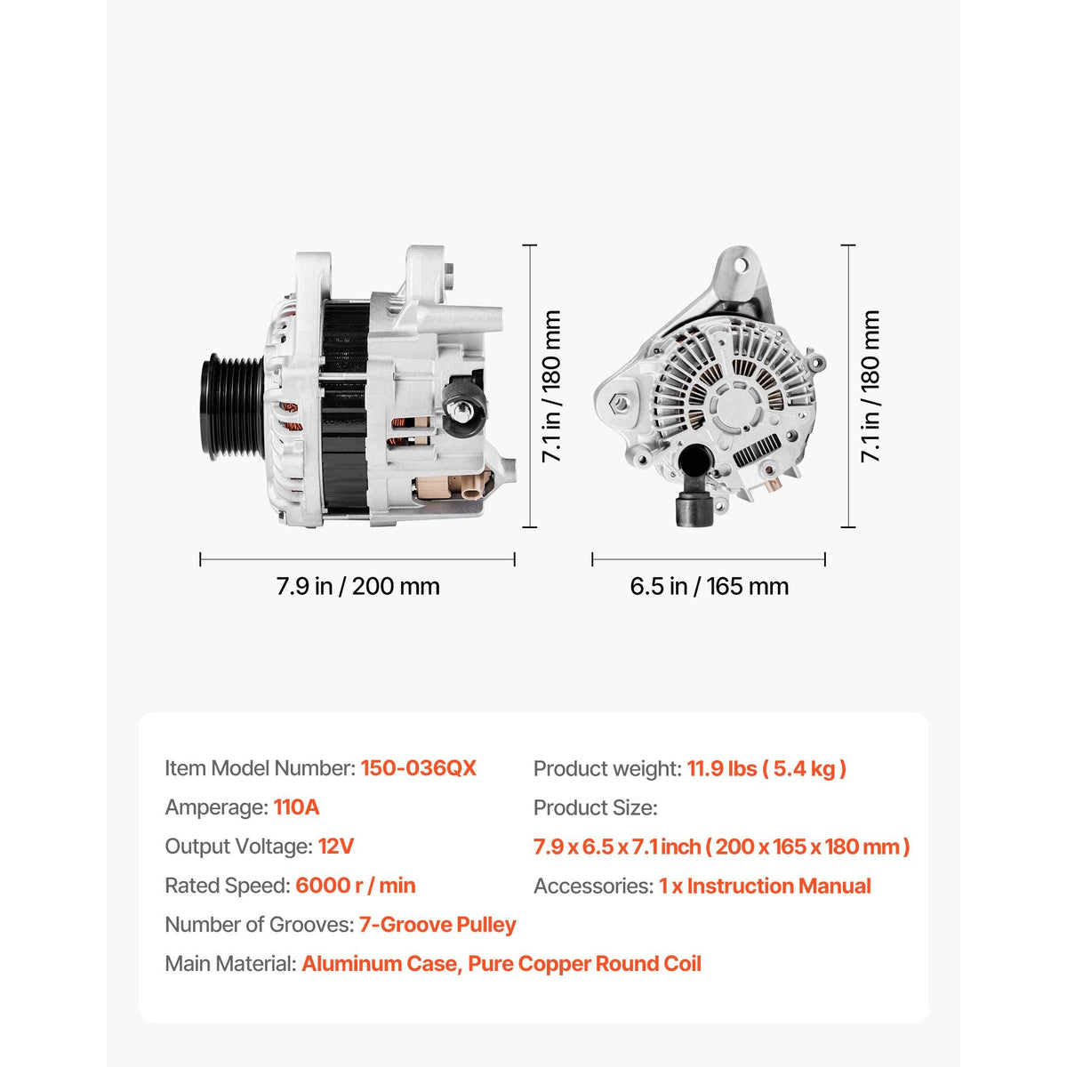 Car Alternator 11999, Compatible with Honda Accord L4 2.4L 2013-2017, Automotive Replacement Alternator with Aluminum Housing and Pure Copper Round Coil, 31100-5A2-A02, AHGA88, 14489, A5TL0581ZC
