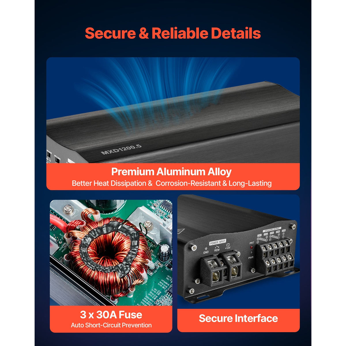 Car Audio Amplifier, 5-Channel Bridgeable Car Amplifier, Multichannel Class D Stereo Amp, Max. 4 x 100W at 4 Ohms / 4 x 200W at 2 Ohms + 1 x 1000W at 2 Ohms / 1 x 500W at 4 Ohms, for Vehicles