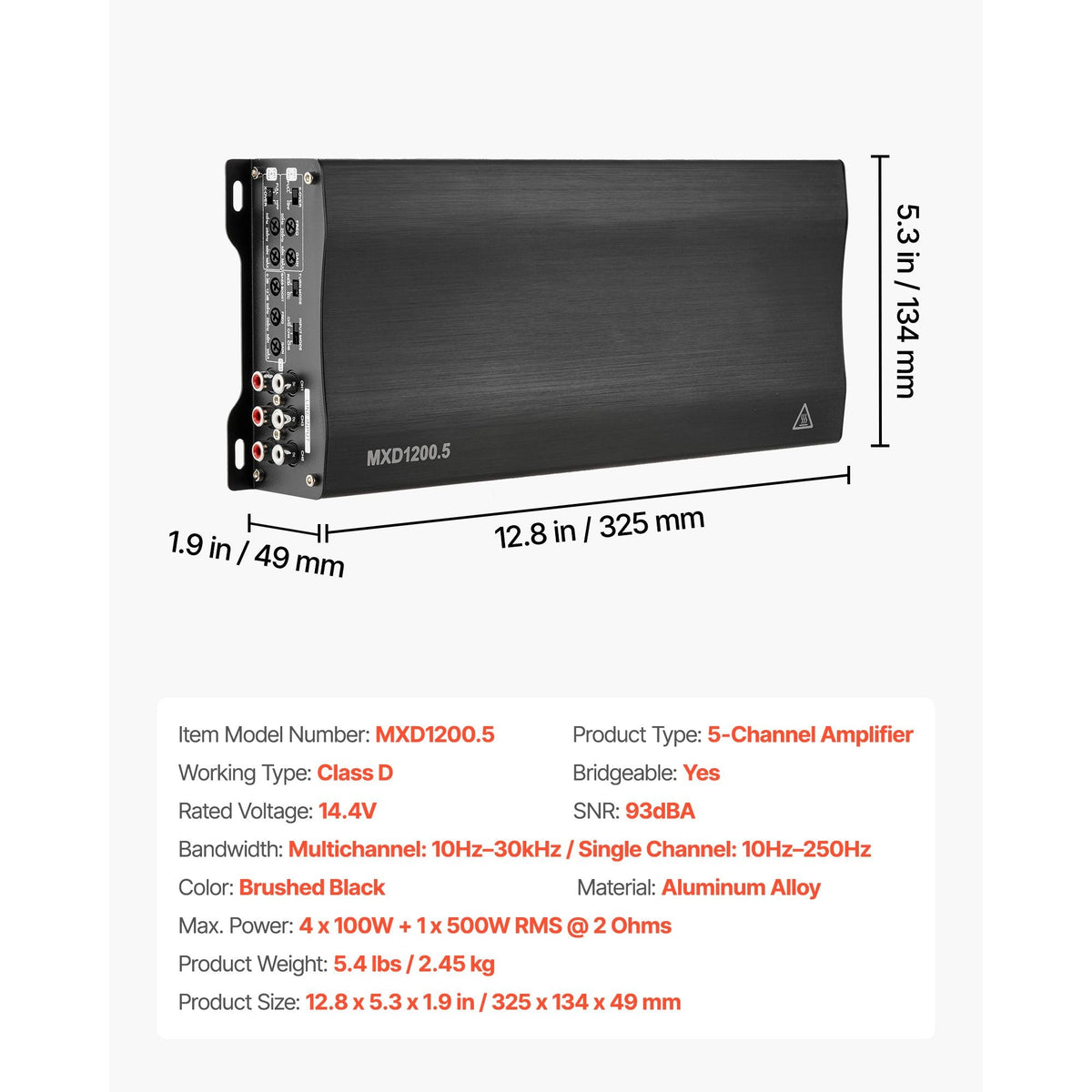 Car Audio Amplifier, 5-Channel Bridgeable Car Amplifier, Multichannel Class D Stereo Amp, Max. 4 x 100W at 4 Ohms / 4 x 200W at 2 Ohms + 1 x 1000W at 2 Ohms / 1 x 500W at 4 Ohms, for Vehicles