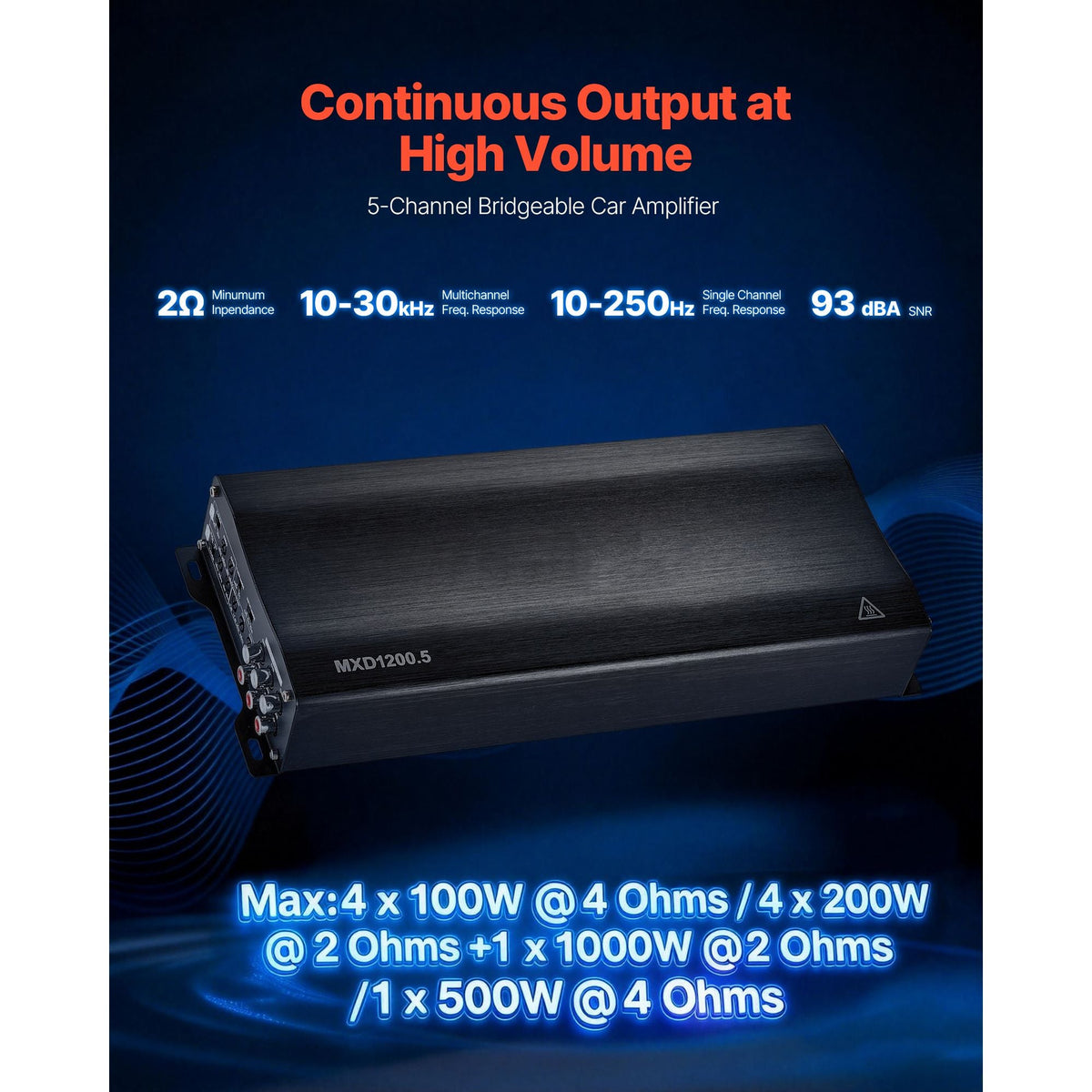 Car Audio Amplifier, 5-Channel Bridgeable Car Amplifier, Multichannel Class D Stereo Amp, Max. 4 x 100W at 4 Ohms / 4 x 200W at 2 Ohms + 1 x 1000W at 2 Ohms / 1 x 500W at 4 Ohms, for Vehicles
