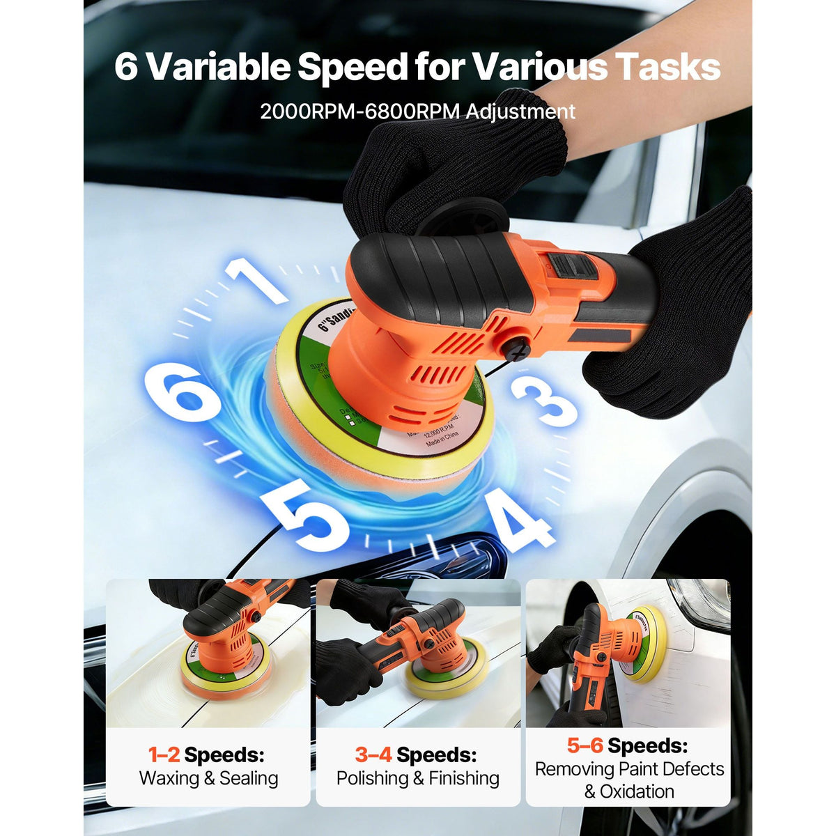 Car Buffer Polisher, 6-Inch Dual Action Polisher Buffer Waxer, 650W 6 Variable Speeds 2000-6800RPM Random Orbital Polisher Kit for Cars Detailing, Waxing, Polishing
