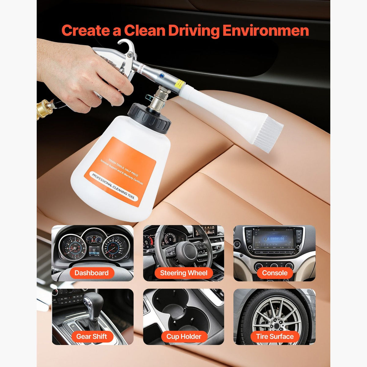 Car Cleaning Gun, 6-9.2 Bar High-Pressure Air Blow Gun with 2 Set Nozzles & 1L Liquid Bottle, Vortex Cleaning Gun, Quickly Blasts Dirt and Dust from Surface, Work with 1/4 NPT Air Compressor