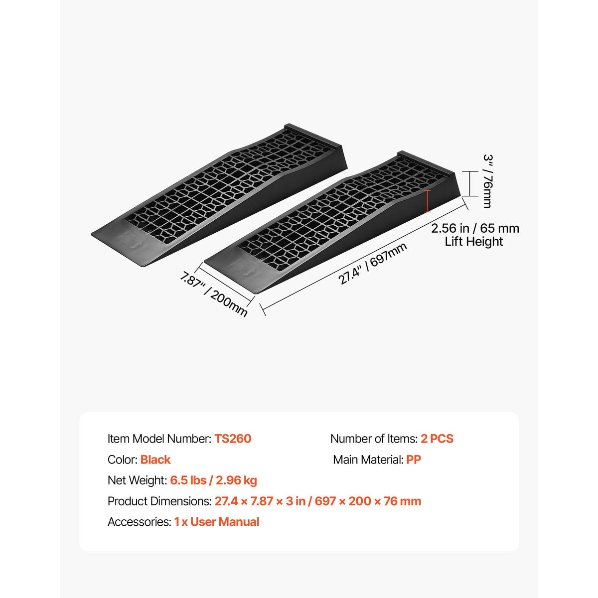 Car Ramps, 2 PCS 20000 lbs GVW Capacity, 2.56 in Lift Height, Portable Low Profile Car Service Ramps for Home Garage Maintenance & Oil Changes, Heavy Duty for Low Chassis Vehicle & Support Jack