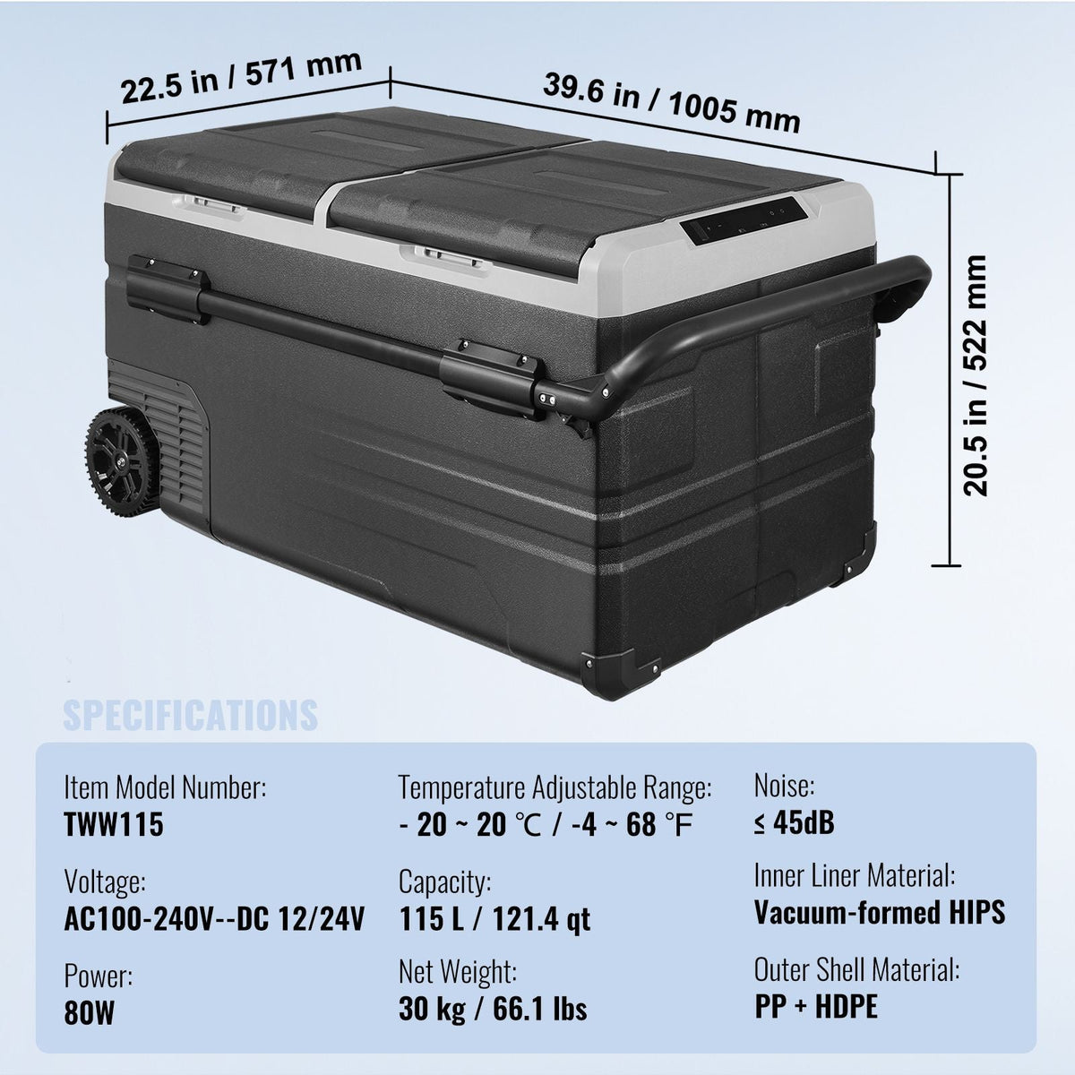 Car Refrigerator, 12 Volt Car Refrigerator Fridge, 115 L Dual Zone Portable Freezer with Wheels and Handle, -4-68 F, 12/24V DC and 100-240V AC Compressor Cooler for Outdoor, Camping
