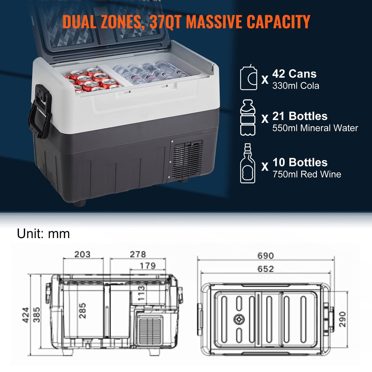 Car Refrigerator, 12 Volt Car Refrigerator Fridge, 37 QT/35 L Dual Zone Portable Freezer, -4-50 Fahrenheit Adjustable Range, 12/24V DC and 100-240V AC Compressor Cooler for Outdoor, Camping, RV
