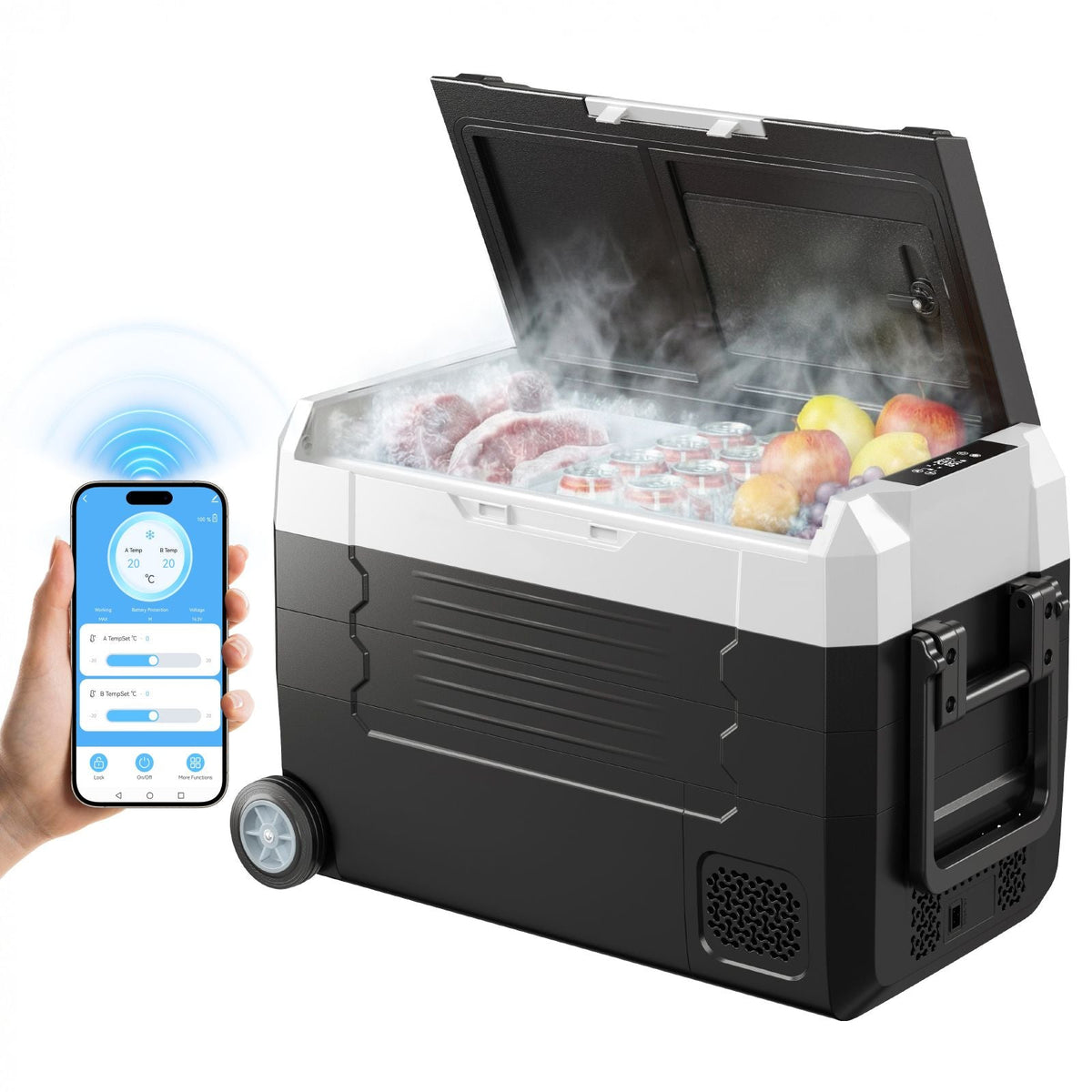 Car Refrigerator, DC 12/24V AC100-240V Compressor Electric Cooler, -4°F to 68°F Truck Refrigerator with APP Control, Wheels & Dual Zone, 37 QT Cars Cooler for RVs, Boats, Camping, Fishing