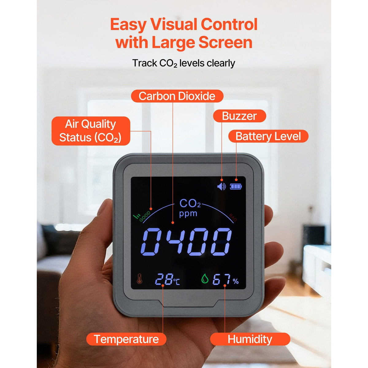 Carbon Dioxide Monitor, CO2 Controller with Temperature and Humidity Display, NDIR Sensor, Carbon Dioxide Detector for Bedside, Home, Office, Car, Lightweight & Portable