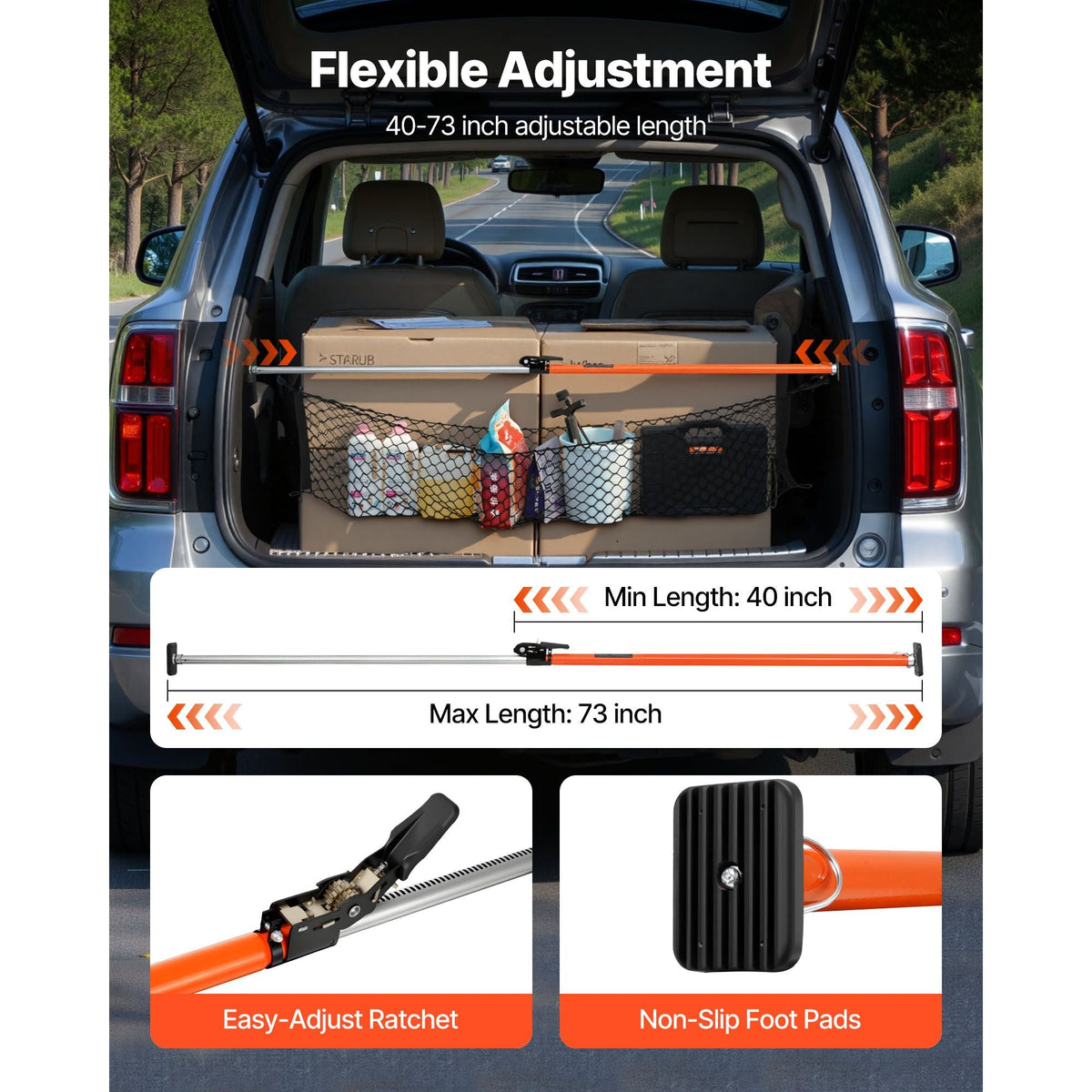 Cargo Bar, Ratcheting Cargo Bar Adjustable from 40" to 73", Heavy-duty Steel Cargos Stabilizer with Storage Net & Non-Slip Foot Pads, Telescoping Load Lock Bars Stop Sliding for SUVs, Sedans