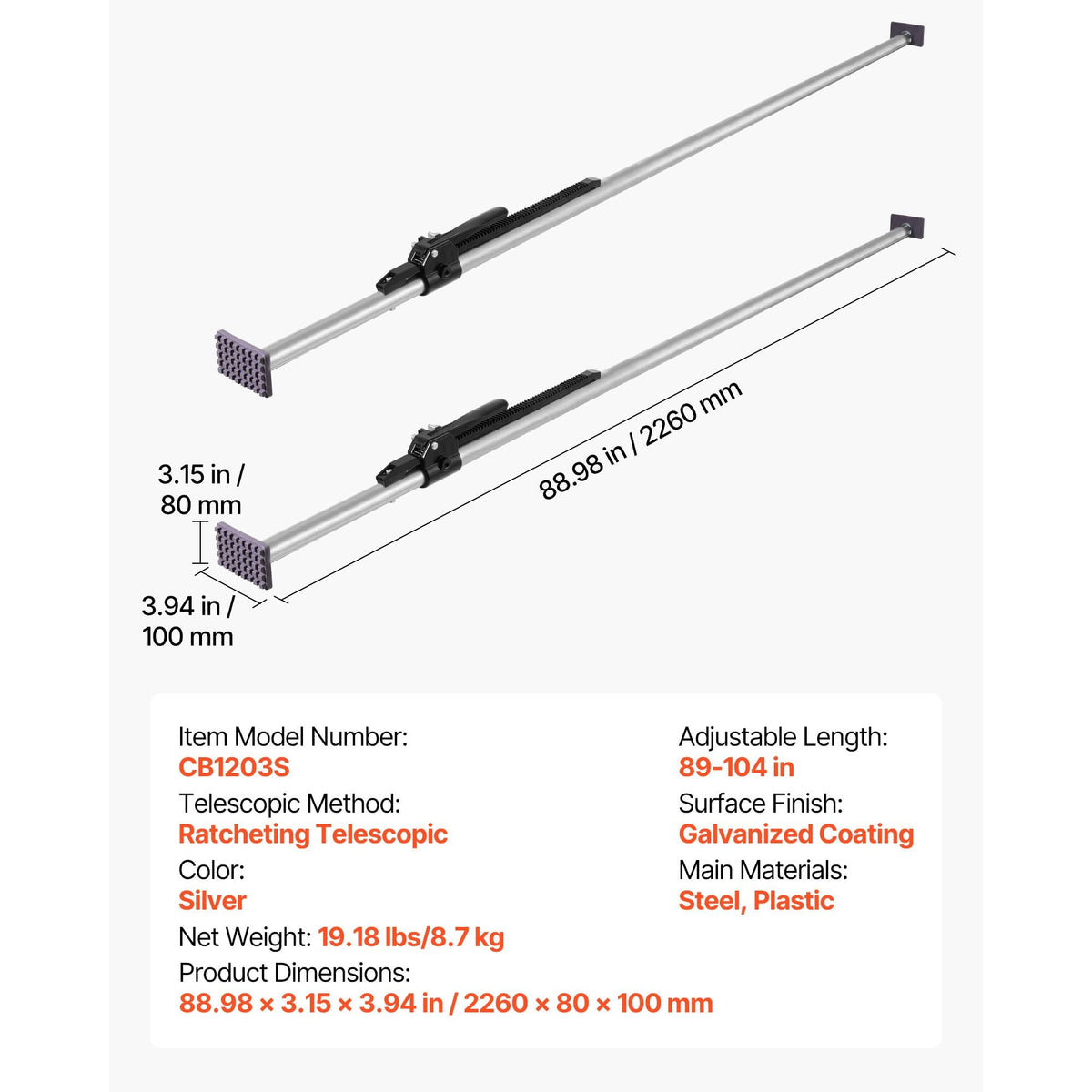 Cargo Bar, Ratcheting Cargo Bar Adjustable from 89" to 104", Heavy-duty Steel Cargos Stabilizer with Non-Slip Foot Pads, Truck Bed Load Lock Bars for Box Trucks, Semi-Trailers, Trailers (2PCS)