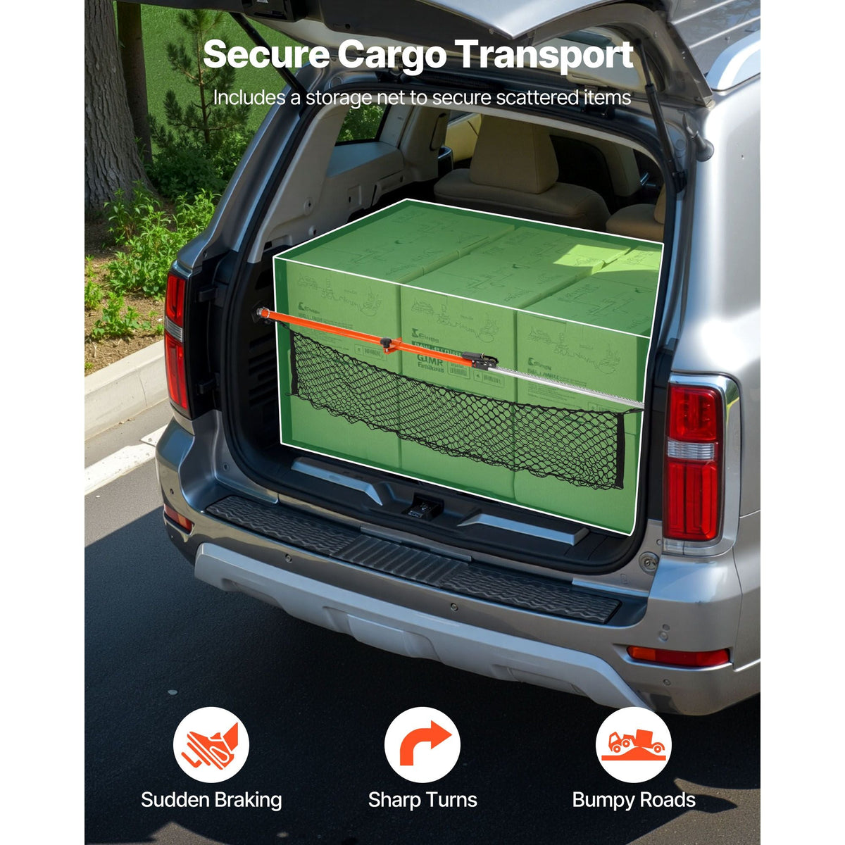 Cargo Bar, Ratcheting Cargo Bars Adjustable from 40" to 73", Heavy-duty Steel Cargos Stabilizer with Storage Net & Divider Bar, Telescoping Load Lock Bars for SUVs, Sedans