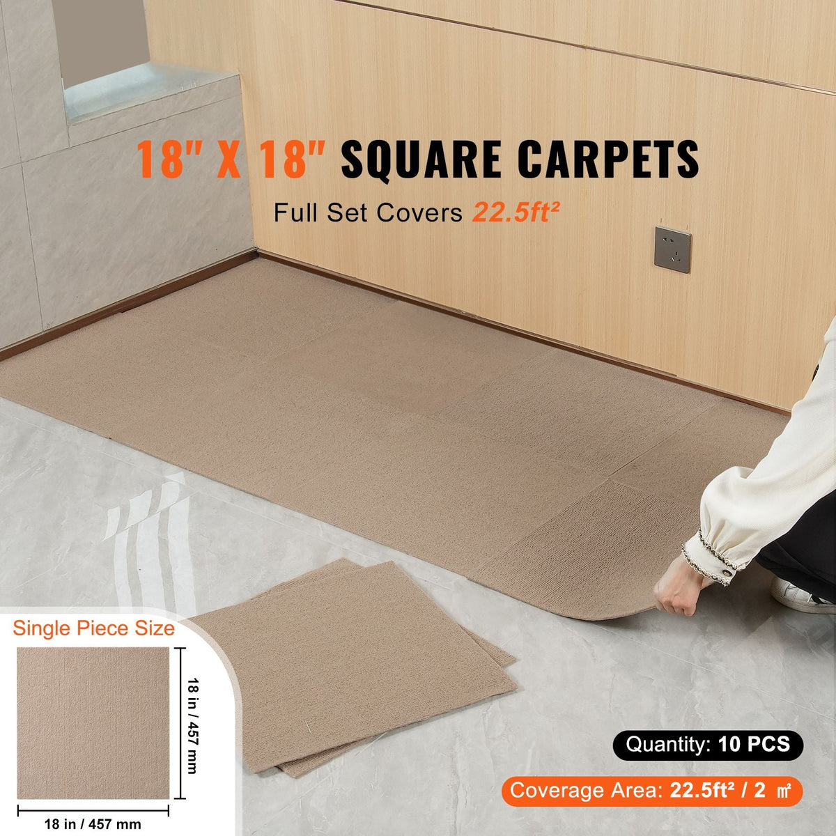 Carpet Tiles Peel and Stick, 18' x 18' Squares Self Adhesive Carpet Floor Tile, Soft Padded Carpet Tiles, Easy Install DIY for Bedroom Living Room Indoor Outdoor (10 Tiles, Light Brown)