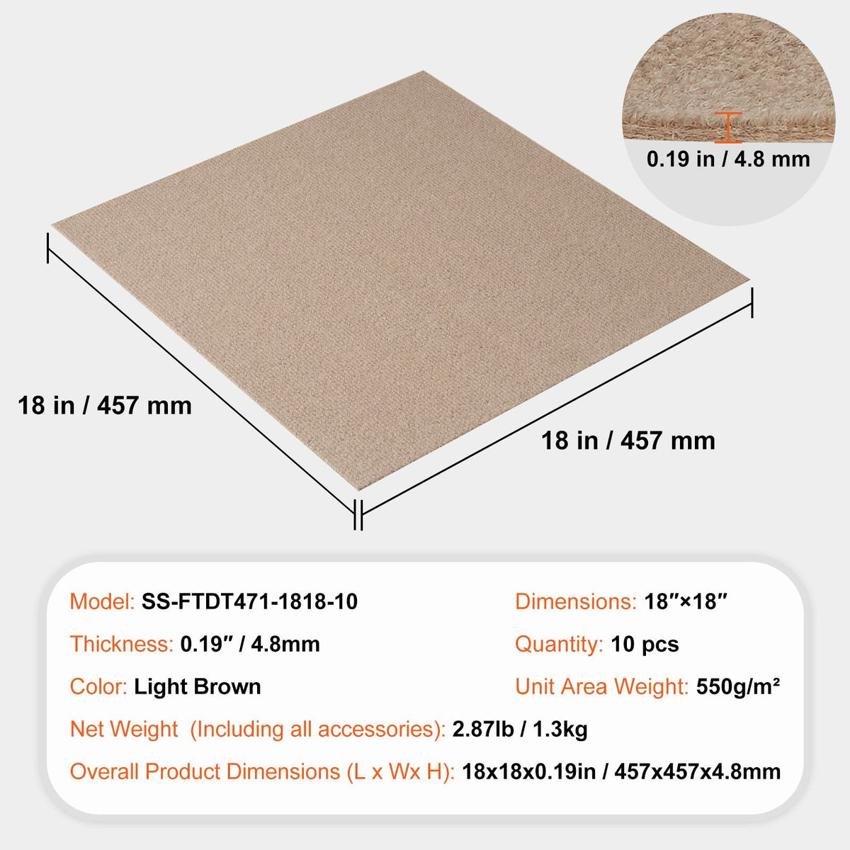 Carpet Tiles Peel and Stick, 18' x 18' Squares Self Adhesive Carpet Floor Tile, Soft Padded Carpet Tiles, Easy Install DIY for Bedroom Living Room Indoor Outdoor (10 Tiles, Light Brown)