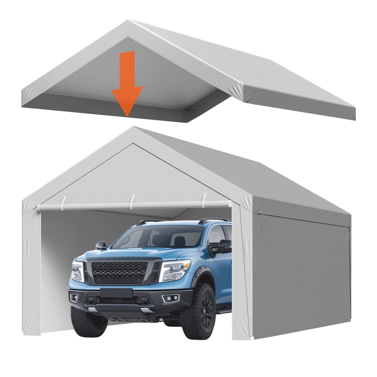 Carport Replacement Canopy, 12 x 20 ft Potable Garage Tent Top Tarp with Sidewalls, UV-Resistant & Waterproof, Heavy Duty Car Shelter Tarp with Ball Buggees, Grey, Frame Not Included