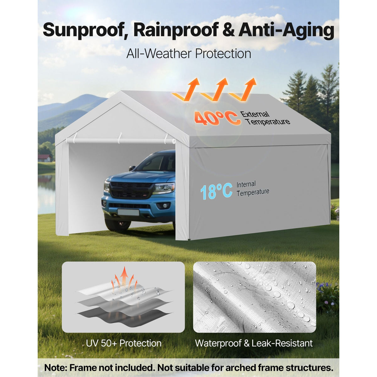 Carport Replacement Canopy, 13 x 20 ft Potable Garage Tent Top Tarp with Sidewalls, UV-Resistant & Waterproof, Heavy Duty Car Shelter Tarp with Ball Buggees, Grey, Frame Not Included