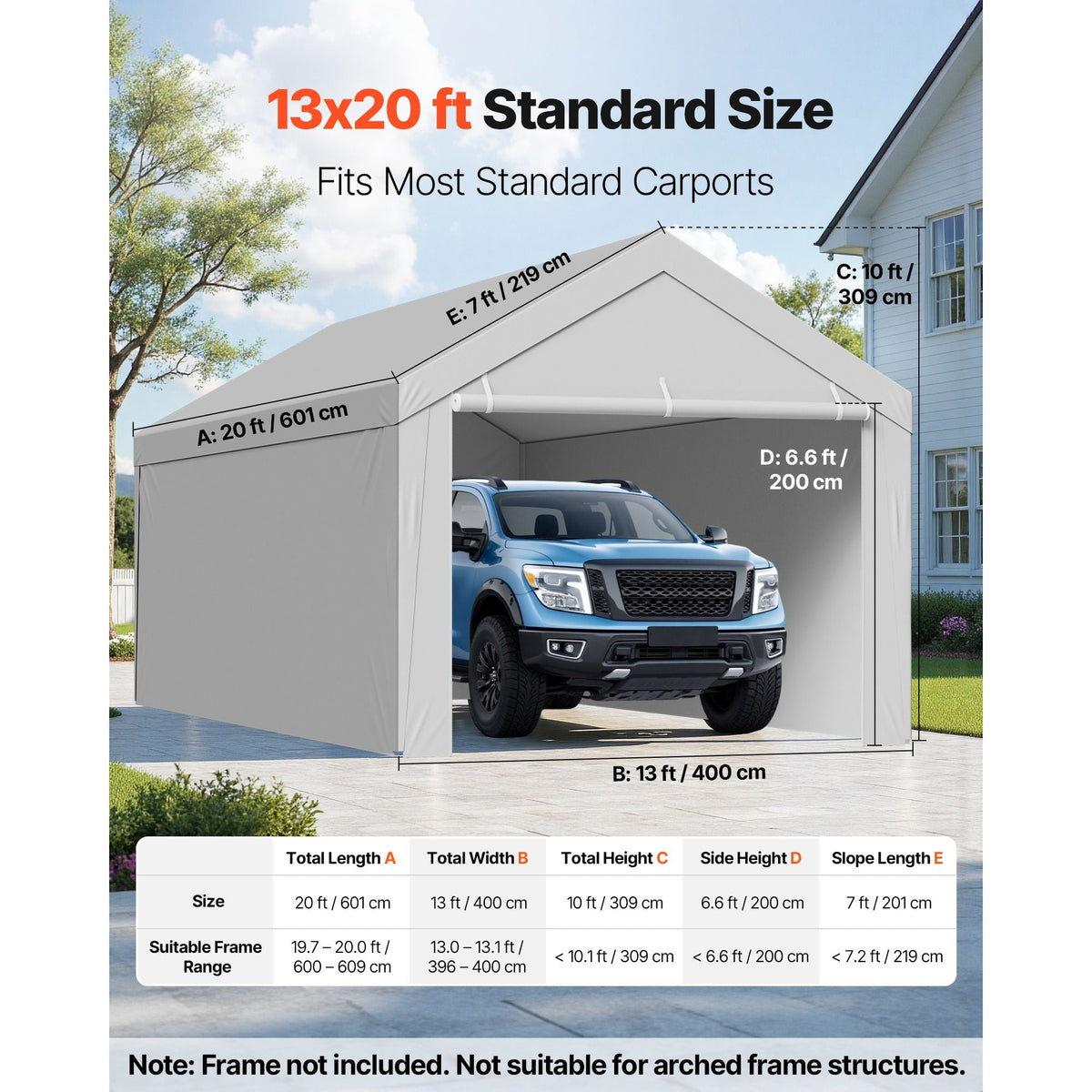 Carport Replacement Canopy, 13 x 20 ft Potable Garage Tent Top Tarp with Sidewalls, UV-Resistant & Waterproof, Heavy Duty Car Shelter Tarp with Ball Buggees, Grey, Frame Not Included