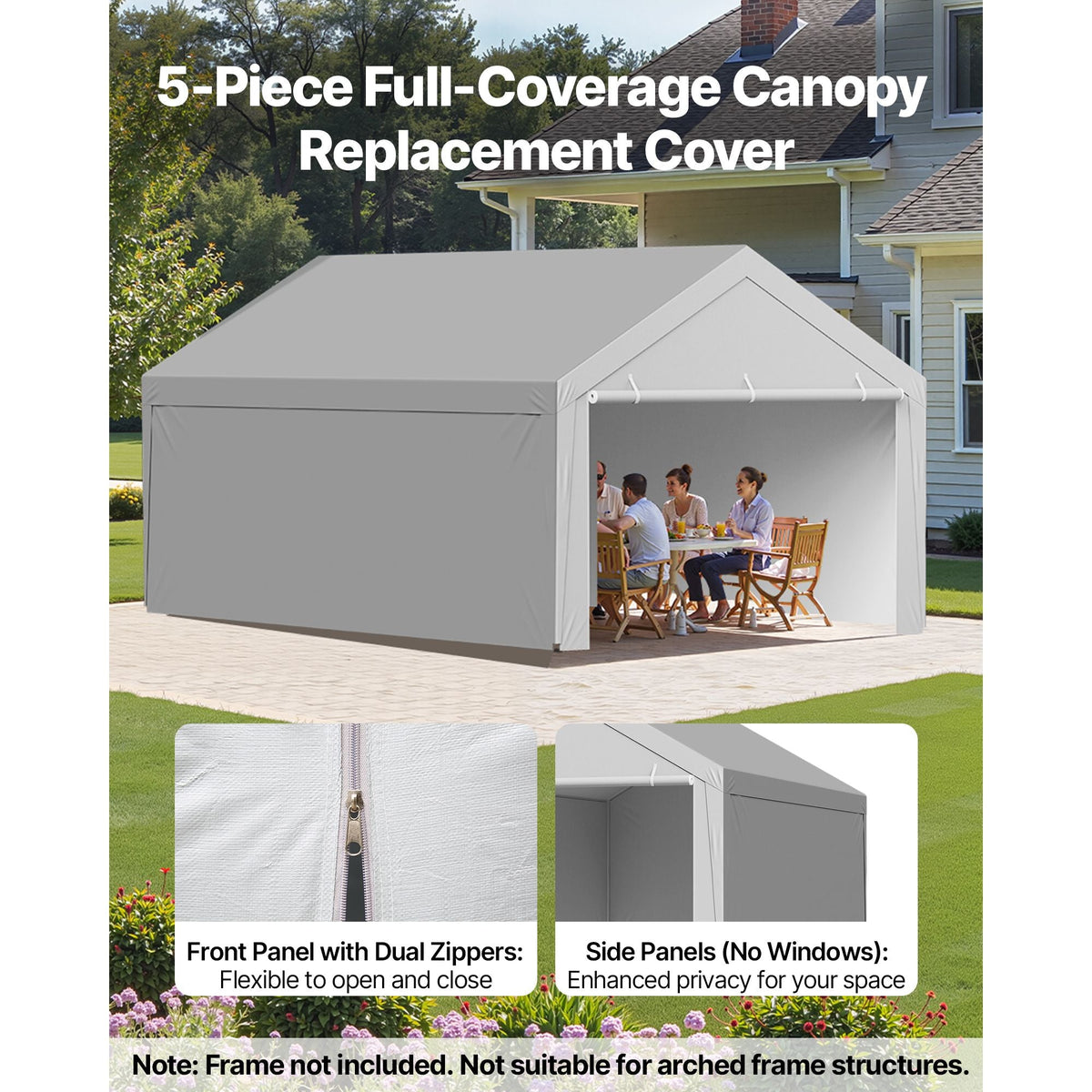 Carport Replacement Canopy, 13 x 20 ft Potable Garage Tent Top Tarp with Sidewalls, UV-Resistant & Waterproof, Heavy Duty Car Shelter Tarp with Ball Buggees, Grey, Frame Not Included