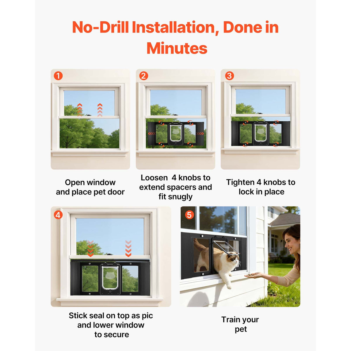 Cat Door for Window, Adjustable to Fit Window Width 31"-36", 4 Secure Lock Modes, Aluminum Frame and High-Transparency Glass, Magnetic Closure, Weatherproof Quick-Fit Pet Door for Cats, Black