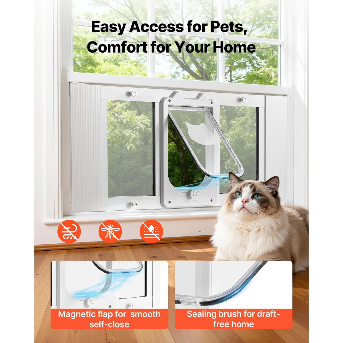 Cat Door for Window, Adjustable to Fit Window Width 31"-36", 4 Secure Lock Modes, Aluminum Frame and High-Transparency Glass, Magnetic Closure, Weatherproof Quick-Fit Pet Door for Cats, White
