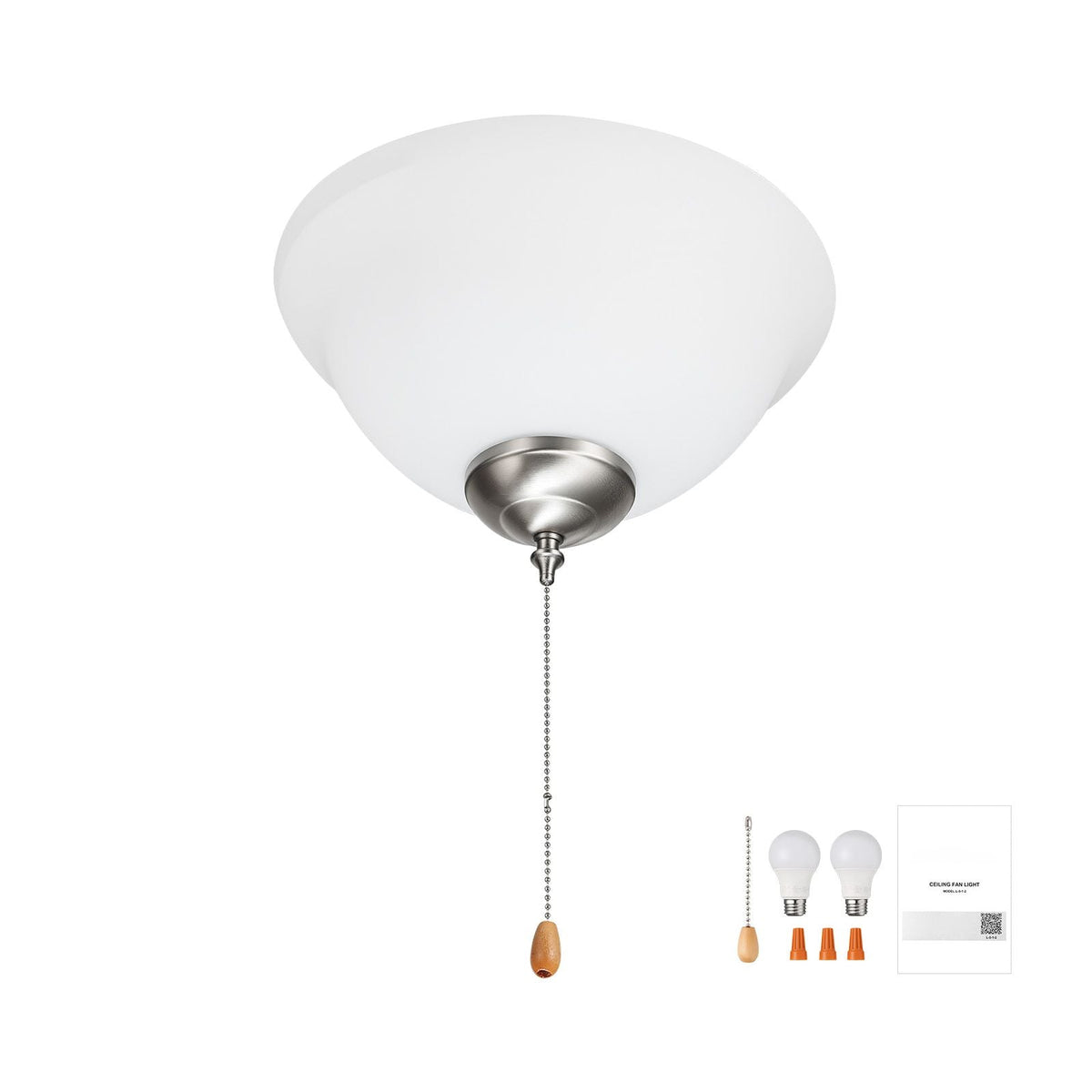 Ceiling Fan Light Kit, 750lm 3000K Bowl Shaped Fan Light Kit with Pull Chain, 2 LED Bulbs, Replacement Fixture for Living Room, Dining Room, Bedroom, Indoor, White Glass Shade Brushed Nickel