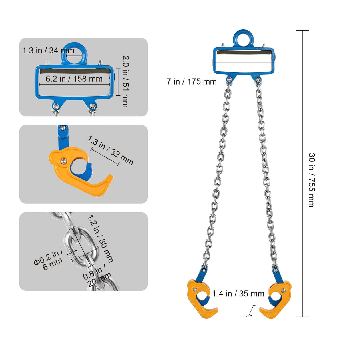 Chain Drum Lifter, G80 Drum Lifting Chain Sling with Security Hook, 2200LBS Capacity, Drums Handling Equipment Fits for Crane Forklift, Carbon Steel Barrel Lifter for Plastic & Metal Drums